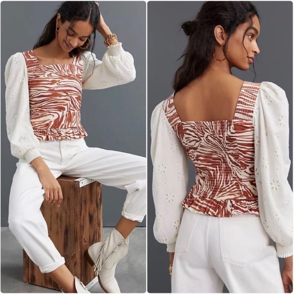 Love the Label Anthropologie Square Neck Top Women's Small Balloon Sleeve Zebra